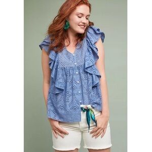 Anthropologie Blue Eyelet Ruffle Blouse